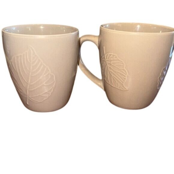Set Of 2 Beige Ceramic Leaf Embossed Coffee Mugs Made In China - Picture 1 of 7